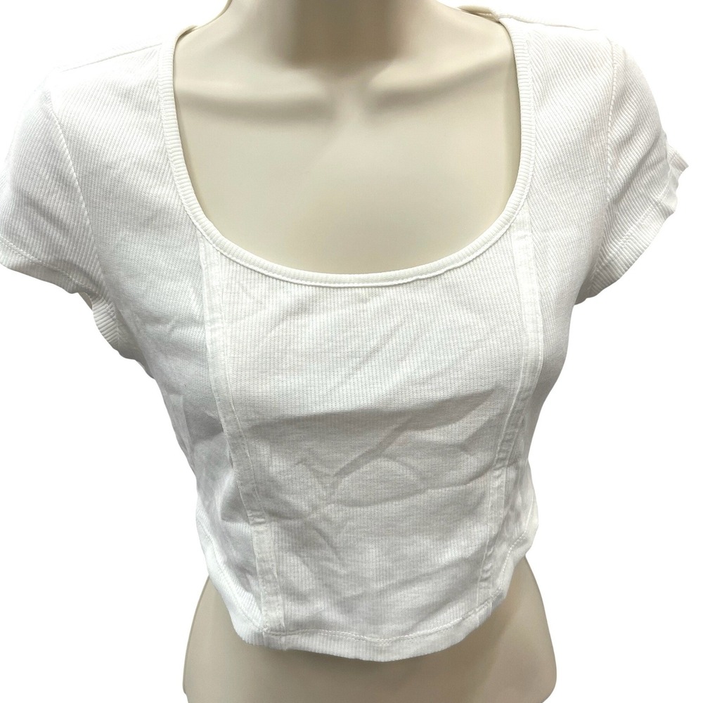 SHEIN‎ White Ribbed Knit Corset Seam Crop Top Short Sleeve Scoop Neck Small 4